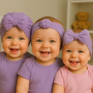 Kız Bebek Mor Fiyonklu Bone Bandana 3lü Set