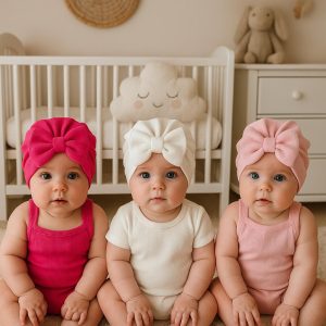 Fiyonklu Çift Kat Bebek Bone 3'lü Set- Pembe/Beyaz/Fuşya