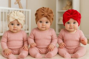 Fiyonklu Çift Kat Bebek Bone 3'lü Set- Krem/Kahverengi/Fuşya