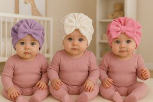 Fiyonklu Çift Kat Bebek Bone 3'lü Set- Mor/Beyaz/Pembe