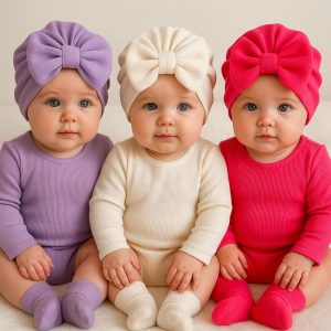 Fiyonklu Çift Kat Bebek Bone 3'lü Set- Mor/Krem/Fuşya