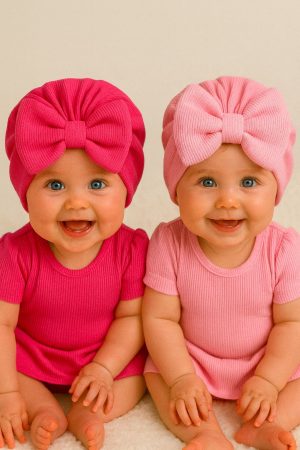 Fiyonklu Çift Kat Bebek Bone 2'li Set- Fuşya/Pembe