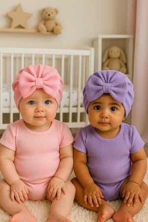 Fiyonklu Çift Kat Bebek Bone 2'li Set- Pembe/Mor