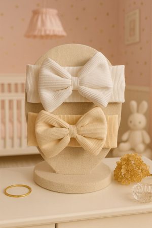 Kız Bebek & Çocuk Fiyonklu Çift Kat Bandana 2'li Set (Krem/Beyaz)