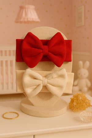 Kız Bebek & Çocuk Fiyonklu Çift Kat Bandana 2'li Set (Krem/Kırmızı)