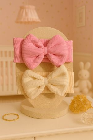 Kız Bebek & Çocuk Fiyonklu Çift Kat Bandana 2'li Set (Krem/Pembe)