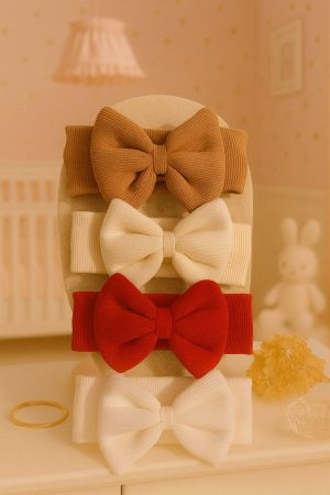 Kız Bebek & Çocuk Fiyonklu Çift Kat Bandana 4'lü Set (Kahverengi/Krem/Kırmızı/Beyaz)