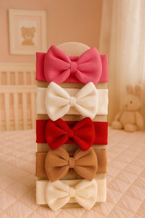 Kız Bebek & Çocuk Çift Kat Fiyonklu Bandana 4'lü Set (Pembe/Beyaz/Kırmızı/Kahverengi/Beyaz)