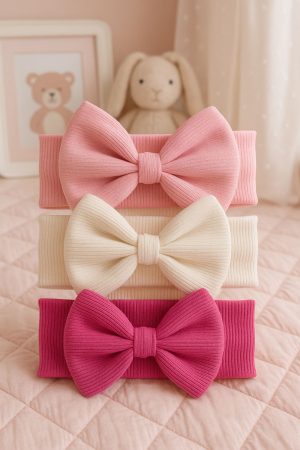 Kız Bebek & Çocuk Fiyonklu Çift Kat Bandana 3'lü Set (Pembe/Krem/Fuşya)