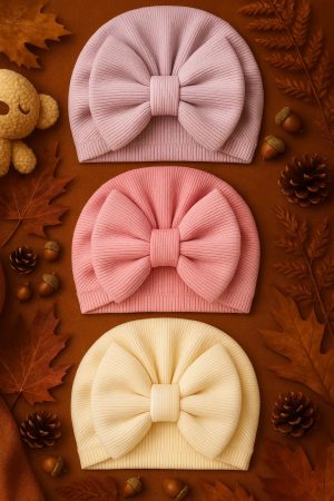 Fiyonklu Bebek Bone 3'lü Set- Krem/Mor/Pembe