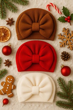 Fiyonklu Bebek Bone 3'lü Set-Kahverengi/Kırmızı/Beyaz